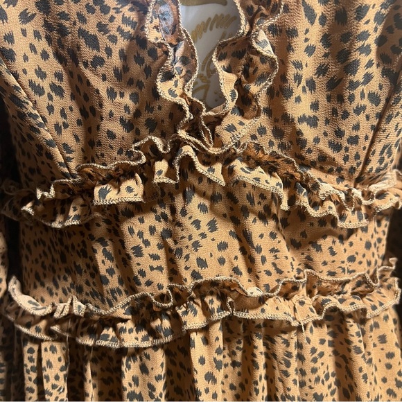 Brown Black Cheetah Print Long Sleeve V Neck Dress - Picture 3 of 6